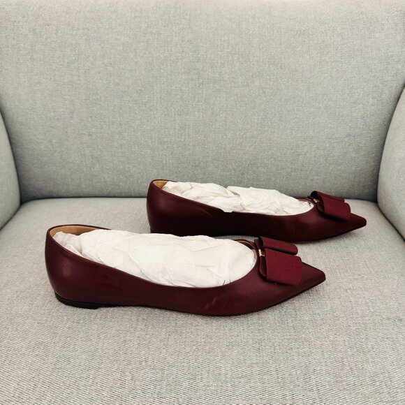 NWT Ferragamo MIMI 1cm Leather Grosgrain Bow Pointed Toe Bow Ballet Flat Shoe - Picture 6 of 8